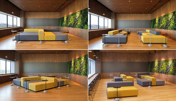 K食品工場食堂エリア　各シーンに合わせて設える可動式家具と自然を取り込んだマテリアル